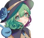  1girl black_headwear blouse blue_flower blue_rose blush buttons diamond_button flower green_eyes green_hair hair_between_eyes hat hat_flower hat_ornament heart_hat_ornament komeiji_koishi lips looking_at_viewer medium_hair mokokiyo_(asaddr) parted_lips portrait rose shirt simple_background third_eye touhou wavy_eyes white_background yellow_shirt 