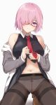  1girl absurdres bare_shoulders bee_doushi black_legwear breasts cleavage closed_mouth collared_shirt fate/grand_order fate_(series) glasses grey_jacket hair_over_one_eye highres jacket kneeling large_breasts looking_at_viewer mash_kyrielight navel necktie off_shoulder open_clothes panties panties_under_pantyhose pantyhose pink_hair red_necktie shirt short_hair sleeveless sleeveless_shirt solo stomach sweat thighband_pantyhose underwear 