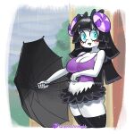  1:1 absurd_res animal_crossing anthro big_breasts black_hair black_lipstick bovid breasts caprine cleavage clothed clothing female hair hi_res legwear lipstick looking_at_viewer makeup mammal midriff minus8 muffy_(animal_crossing) nintendo open_mouth open_smile raining sheep shirt smile solo tank_top thigh_highs topwear umbrella video_games 