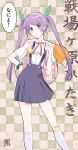  1girl absurdres adjusting_strap alternate_costume backpack bag bakemonogatari bandaid bandaid_on_knee bandaid_on_leg bangs blue_eyes blue_skirt blush bracelet breasts brown_background character_name checkered_background collared_shirt commentary contrapposto cosplay eyebrows_visible_through_hair eyelashes feet_out_of_frame frown furrowed_brow green_background green_bracelet green_ribbon hachikuji_mayoi hachikuji_mayoi_(cosplay) hair_ribbon hairband hand_on_hip hand_up head_tilt highres jewelry kikumaru_bunta kneehighs leaning_to_the_side light_frown long_hair looking_at_viewer miniskirt monogatari_(series) neck_ribbon necktie purple_hair red_necktie red_ribbon ribbon school_uniform senjougahara_hitagi shirt short_sleeves signature skirt small_breasts solo speech_bubble standing star_(symbol) suspender_skirt suspenders twintails very_long_hair white_hairband white_legwear white_shirt 