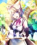  1girl :d absurdres animal_ear_fluff animal_ears bangs black_dress blonde_hair blurry blurry_background bow bowtie character_request cowboy_shot dress eyebrows_visible_through_hair hair_between_eyes hair_ornament highres holding holding_tray looking_at_viewer maid maid_headdress off_shoulder pink_bow pink_bowtie purple_eyes shiny shiny_hair short_hair smile solo standing teeth tray upper_teeth virtual_youtuber white_dress x_hair_ornament yuugi_roki 