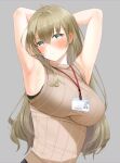  1girl armpits arms_behind_head arms_up bangs black_bra blonde_hair blue_eyes blush bra bra_visible_through_clothes breasts brown_sweater commentary_request earrings eyebrows_visible_through_hair fed_(giba) grey_background hair_between_eyes id_card jewelry lanyard large_breasts long_hair looking_at_viewer original paid_reward_available see-through simple_background sleeveless sleeveless_sweater solo sweat sweater underwear 