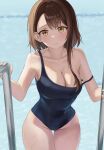  1girl absurdres bangs black_swimsuit blush breasts brown_eyes brown_hair cleavage closed_mouth commentary_request covered_navel eyebrows_visible_through_hair hair_between_eyes highres legs_together long_hair looking_at_viewer nisekoi one-piece_swimsuit onodera_kosaki over_shoulder pool poolside solo standing strap_slip swimsuit thigh_gap ttusee5 wet 