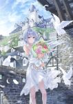  1girl bangs blue_hair blue_sky blush bouquet building cloud collarbone dress flower highres light_blue_hair long_hair looking_at_viewer meen_(ouaughikepdvrsf) original sky smile solo standing wall white_bird white_dress 