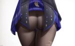  1girl ass ass_focus black_legwear blue_skirt cameltoe clothes_lift from_behind genshin_impact ghost_print highres keqing_(genshin_impact) lower_body miniskirt no_panties out_of_frame pantyhose pleated_skirt pussy_juice simple_background skirt skirt_lift solo thigh_gap wet wet_clothes white_background z282g 