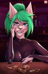  2022 absurd_res anthro blue_eyes breasts card_deck clothed clothing detailed_background felid feline female furniture green_hair hair hi_res inside mammal moddish sitting solo table zipper 