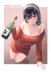  1girl alcohol all_fours bangs bare_legs bare_shoulders black_hair blush border bottle breasts cleavage collarbone dress drunk earrings full_body gold_earrings hairband hand_up highres holding holding_bottle jewelry large_breasts looking_at_viewer no_legwear off-shoulder_sweater off_shoulder open_mouth patreon_username red_eyes red_sweater sebu_illust smile solo spy_x_family straight_hair sweater sweater_dress white_border white_hairband wine_bottle yor_briar 