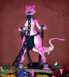 2022 absurd_res anthro bandaged_tail betting biped blue_eyes blue_nipples blue_tongue breasts bubblegum_(sorc) chain chained clawed_fingers claws clothed clothing cuff_(restraint) digital_media_(artwork) evamal_(soulwing98) female group hi_res horn kobold nipples non-mammal_breasts pink_body platform presenting princess restrained restraints royalty scar shackles slave soulwing98 spade_tail standing toe_claws tongue topless white_body white_skin 