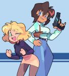  2girls bacun black_legwear black_sweater blonde_hair blue_eyes breasts brown_skirt collared_shirt dark-skinned_female dark_skin denim eyebrows_visible_through_hair gun gunsmith_cats handgun jeans medium_breasts minnie_may_hopkins multiple_girls one_eye_closed open_mouth pants pantyhose parted_lips pistol rally_vincent shirt short_hair skirt smile smirk sweater sweater_tucked_in v-shaped_eyebrows weapon white_shirt 