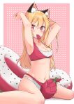  1girl absurdres animal_ear_fluff animal_ears armpits arms_behind_head arms_up atsuki_(pink0930cat) bangs bikini blonde_hair blush breasts cat_ears cleavage dragon_fruit eyebrows_visible_through_hair food food_in_mouth highres innertube layered_bikini long_hair looking_to_the_side navel original pink_eyes polka_dot polka_dot_bikini popsicle popsicle_in_mouth sitting skindentation solo swimsuit wariza 