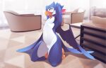  2022 anthro avian beak bird blue_hair collar digital_media_(artwork) feathered_wings feathers hair hi_res kneeling male rudragon solo wings 