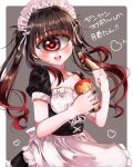  1girl :d apron azen_(mntimcczgrtn) bangs black_hair blush collarbone cyclops emphasis_lines eyebrows_visible_through_hair food gradient_hair heart heart-shaped_pupils highres holding holding_food long_hair looking_at_viewer maid maid_headdress monster_girl multicolored_hair nail_polish one-eyed original puffy_short_sleeves puffy_sleeves red_eyes red_hair short_sleeves smile solo symbol-shaped_pupils twintails underbust waist_apron yan_yan 
