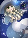  1girl absurdres bangs blonde_hair blue_ribbon blunt_bangs braid collared_dress cosmog dress green_eyes hat hat_ribbon highres kurumiya_(krmy_p) lillie_(pokemon) long_hair pokemon ribbon sleeveless sleeveless_dress sun_hat sundress twin_braids white_dress white_headwear 