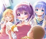  3girls :d ^_^ absurdres air_conditioner baby baby_bottle bangs blue_eyes blue_hair blush bottle bow closed_eyes commentary_request day eyes_visible_through_hair gochuumon_wa_usagi_desu_ka? hair_between_eyes hair_bow hair_ornament hairclip hands_on_own_cheeks hands_on_own_face highres hoto_cocoa indoors kafuu_chino large_penis leaning_forward long_hair long_sleeves mozukun43 multiple_girls open_mouth orange_hair penis ponytail puffy_short_sleeves puffy_sleeves purple_eyes purple_hair short_sleeves signature smile sunlight tedeza_rize white_bow x_hair_ornament 