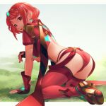  1girl a_(user_vtsy8742) bangs black_gloves breasts earrings gem gloves headpiece highres jewelry large_breasts pyra_(xenoblade) red_eyes red_hair red_legwear red_shorts short_hair short_shorts shorts solo swept_bangs thighhighs tiara xenoblade_chronicles_(series) xenoblade_chronicles_2 