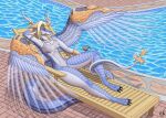  anthro clothing dragon duel_monster female hi_res justablank nipples saffira_queen_of_dragons solo spread_wings swimming_pool swimwear translucent translucent_clothing wings 