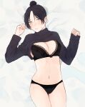  1girl apex_legends bangs black_bra black_hair black_panties black_sweater blue_eyes blush bra breasts cleavage eyebrows_visible_through_hair hair_behind_ear highres lace_trim looking_to_the_side lying medium_breasts midriff navel panties parted_bangs sleeves_past_wrists solo sweater underwear wako_(twa_pe) wraith_(apex_legends) 