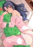  1girl black_hair blurry chupacabra_(idolmaster) clock depth_of_field hug idolmaster idolmaster_million_live! koukoku long_hair looking_at_viewer lying off_shoulder on_bed on_side one_eye_closed pajamas panties pink_pajamas pink_panties solo stuffed_animal stuffed_toy takayama_sayoko underwear 