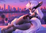  anthro bikini city clothing equid equine female hair hasbro hi_res horn jumperkit looking_at_viewer mammal my_little_pony plantigrade solo sunset swimwear unicorn white_hair 