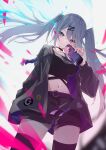  1girl belt black_jacket black_tank_top can croa76 dive_to_zone energy energy_drink grey_hair hair_ornament hair_tie hairclip highres holding holding_can jacket long_hair looking_at_viewer midriff patch power_symbol power_symbol-shaped_pupils product_girl purple_eyes short_shorts shorts smile tank_top thighhighs twintails_day very_long_hair zone_(energy_drink) zonko 