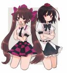  2girls :/ :d bangs black_bow black_hair black_necktie black_skirt blush bow bowtie brown_eyes brown_hair checkered_clothes checkered_skirt collared_shirt commentary cropped_legs crossed_arms finger_to_mouth frilled_shirt_collar frilled_skirt frills hair_bow hat himekaidou_hatate long_hair looking_at_viewer multicolored_clothes multicolored_skirt multiple_girls necktie puffy_short_sleeves puffy_sleeves purple_bow purple_headwear purple_skirt red_eyes red_headwear ri_(qrcode) ribbon-trimmed_shirt shameimaru_aya shirt short_hair short_sleeves skirt smile tokin_hat touhou twintails very_long_hair white_shirt 