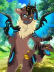  anthro blue_tongue claws dreamoriginated dreamstalker fur_scarf gesture hand_on_hip hi_res horn littlemarshmallowcat male multi_arm multi_eye multi_limb paws solo tail_mouth tongue unusual_anatomy unusual_tail v_sign wings 