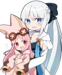  2girls blue_eyes breasts cleavage fate/grand_order fate_(series) habetrot_(fate) hat hood hug hug_from_behind long_hair morgan_le_fay_(fate) multiple_girls pink_eyes pink_hair pointy_ears ponytail rabiiandrain white_background white_hair 