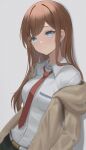  1girl absurdres bangs blue_eyes brown_hair brown_jacket closed_mouth collared_shirt dress_shirt eyebrows_visible_through_hair grey_background highres jacket long_hair long_sleeves makise_kurisu necktie open_clothes open_jacket red_necktie shirt simple_background solo steins;gate straight_hair ttusee5 upper_body white_shirt wing_collar 