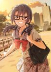  1girl bag bangs black-framed_eyewear black_hair building collarbone glasses highres idolmaster idolmaster_million_live! long_hair looking_at_viewer low_twintails paatasu red_eyes school_uniform smile solo takayama_sayoko twilight twintails 