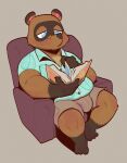  animal_crossing anthro armchair blue_eyes blush book bulge canid canine chair chubby_male clothed clothing eyewear furniture glasses half-closed_eyes hi_res holding_book holding_object male mammal narrowed_eyes nintendo peculiart raccoon_dog reading reading_book sitting slightly_chubby solo tagme tanuki tom_nook_(animal_crossing) video_games 