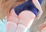  1girl ass ass_focus blue_swimsuit brown_hair byulzzi from_behind long_hair lower_body one-piece_swimsuit original skindentation solo swimsuit swimsuit_tug thighhighs thighs very_long_hair wet wet_clothes white_legwear 
