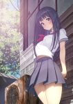  1girl arms_behind_back bangs black_hair black_skirt blue_eyes blunt_bangs blush breasts collared_shirt commentary_request cowboy_shot dutch_angle eyebrows_visible_through_hair furuyama_itaru head_tilt long_hair looking_at_viewer medium_breasts midriff_peek navel neckerchief original outdoors pleated_skirt red_neckerchief sailor_collar school_uniform serafuku shirt short_sleeves skirt solo thighs white_shirt 