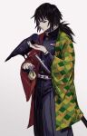  1boy absurdres animal animal_on_arm asymmetrical_clothes bangs belt bird bird_on_arm black_hair black_jacket black_pants crow demon_slayer_uniform egyuuu feeding feet_out_of_frame hand_up highres holding jacket kanzaburou_(kimetsu_no_yaiba) katana kimetsu_no_yaiba long_hair long_sleeves looking_at_animal looking_away male_focus pants ponytail pouch simple_background sword tomioka_giyuu weapon white_background 