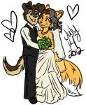  2012 anthro black_nose blonde_hair bottomwear bouquet breasts brown_body brown_fur canid canine canis capricorn_fox_(capricornfox) capricornfox carrying cleavage clothed clothing domestic_dog dress duo female flower flower_bouquet fox fur hair jewelry long_hair long_tail love male male/female mammal necklace necktie orange_body orange_fur pants plant reider_pup_(capricornfox) romantic romantic_couple simple_background smile tan_body tan_fur topwear vest wedding wedding_dress wedding_veil 
