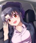  1girl :d adjusting_eyewear black_hair breasts car_interior car_seat formal idolmaster idolmaster_million_live! idolmaster_million_live!_theater_days kamille_(vcx68) long_hair looking_at_viewer medium_breasts office_lady ponytail ribbon smile solo takayama_sayoko 