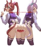  2girls absurdres animal_ears aqua_ribbon ass bar_censor black_legwear blue_eyes brown_hair censored chinese_commentary collar commentary_request dildo double_dildo ear_ribbon feipin_zhanshi from_behind hair_ribbon highres horse_ears horse_girl horse_tail leash long_hair long_sleeves looking_at_viewer looking_back mejiro_mcqueen_(umamusume) multicolored_hair multiple_girls object_insertion open_mouth pink_ribbon ponytail purple_eyes purple_hair red_collar ribbon school_uniform sex_toy simple_background streaked_hair tail thighhighs tokai_teio_(umamusume) tracen_school_uniform umamusume vaginal vaginal_object_insertion white_background white_hair yuri 