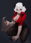  1girl breasts cellphone cleavage demon_girl demon_horns grumpy helltaker highres horns large_breasts malina_(helltaker) octorypo open_clothes open_shirt pantyhose phone red_eyes red_shirt shirt smartphone white_hair 