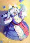  2022 anthro arthropod artist_name aruurara asena_(full_bokko_heroes) big_breasts black_nose blue_hair breasts butterfly canid canine chest_tuft cleavage clothed clothing cyberconnect2 detailed_background drecom dress eyelashes eyes_closed fangs female flower flower_crown fox full_bokko_heroes fully_clothed fur grass hair hair_over_eye happy hi_res insect kneeling lepidopteran long_hair mammal one_eye_obstructed open_mouth open_smile plant smile solo tongue tuft video_games white_body white_fur 
