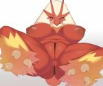  anus areola biped blaziken blue_eyes breasts faeki female feral genitals looking_at_viewer lying nintendo nipples pok&eacute;mon pok&eacute;mon_(species) presenting pussy red_body simple_background solo tongue tongue_out video_games white_background yellow_body 