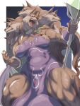  1girl animal_ears biceps breasts cleavage dress extra_faces fangs final_fantasy final_fantasy_iii highres kous_(onetwojustice) monster monster_girl muscular muscular_female open_mouth purple_dress scylla_(final_fantasy) solo staff thick_thighs thighs wolf_ears wolf_girl 