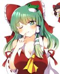  +_+ 2girls aqua_eyes ascot bow breasts brown_hair cleavage closed_mouth collar commentary_request cosplay detached_sleeves finger_to_mouth frilled_bow frills frog_hair_ornament green_hair hair_bow hair_ornament hair_tubes hakurei_reimu hakurei_reimu_(cosplay) highres kochiya_sanae long_hair looking_at_viewer medium_hair multiple_girls nontraditional_miko one_eye_closed red_bow red_ribbon red_shirt ribbon ribbon-trimmed_sleeves ribbon_trim shirt sidelocks simple_background sleeveless smile snake_hair_ornament touhou white_background white_collar yellow_ascot zeroko-san_(nuclear_f) 