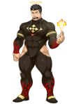  1boy abs alpha_transparency angry armband bara biceps black_hair bodysuit bulge clenched_hand facial_hair fang fire flame_print frown half-closed_eyes halo large_pectorals male_focus manly mature_male muscular muscular_male naop_(anything) official_alternate_costume official_art open_mouth pectorals sandals solo sparkle spiked_hair stubble teeth thick_arms thick_eyebrows thick_thighs thighs third-party_source tight tokyo_afterschool_summoners tongue transparent_background yellow_eyes zabaniyya_(housamo) 