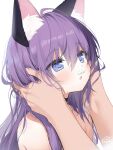  1girl 1other ahoge animal_ear_fluff animal_ears bare_shoulders blue_eyes byulzzi cat_ears cat_girl choker cream eyebrows_visible_through_hair food food_on_face hands_on_another&#039;s_face long_hair open_mouth original purple_hair topless upper_body 