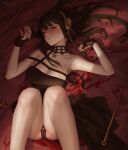  1girl bare_legs bed_sheet black_dress black_gloves black_hair black_panties blood blood_on_weapon blush breasts dagger dress earrings fingerless_gloves gloves gold_earrings gold_hairband half-closed_eyes highres jewelry knife large_breasts legs_up long_hair lying moyu_(pixiv1928263) on_back one_breast_out panties parted_lips red_eyes short_dress sidelocks sleeveless sleeveless_dress solo spy_x_family underwear weapon yor_briar 