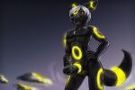  anthro balls black_body black_fur canid canine city_destruction destruction digital_drawing_(artwork) digital_media_(artwork) eeveelution eiffel_tower eyewear fur genitals giga_macro gigatiger glasses glowing glowing_body headgear hi_res larger_anthro macro male mammal micro moonlight_(ramsusxiii) muscular muscular_anthro nintendo nude pok&eacute;mon pok&eacute;mon_(species) red_eyes size_difference solo umbreon video_games 