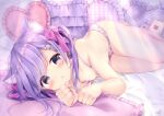  1girl absurdres animal_ear_fluff animal_ears bed_sheet blush bow breasts cat_ears cat_girl extra_ears fingernails food_print full_body hair_bow hair_ornament hairclip heart heart_pillow highres long_hair looking_at_viewer lying momochi_chia on_bed on_side original panties paw_hair_ornament pillow pink_bow print_panties purple_eyes purple_hair shiny shiny_hair signature small_breasts solo strawberry_bra strawberry_panties strawberry_print two_side_up underwear 