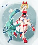  1girl :o absurdres bangs bare_arms blonde_hair blue_eyes collarbone glaceon grey_background hair_between_eyes highres irida_(pokemon) medium_hair open_mouth outline pokemon pokemon_(creature) pokemon_(game) pokemon_legends:_arceus red_footwear short_shorts shorts sketch strapless white_shorts yukko_e 