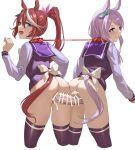  2girls absurdres animal_ears aqua_ribbon ass bar_censor black_legwear blue_eyes brown_hair censored chinese_commentary collar commentary_request cum cum_in_pussy ear_ribbon feipin_zhanshi from_behind futa_with_female futanari hair_ribbon highres horse_ears horse_girl horse_tail leash long_hair long_sleeves looking_at_viewer looking_back mejiro_mcqueen_(umamusume) multicolored_hair multiple_girls open_mouth penis pink_ribbon ponytail purple_eyes purple_hair red_collar ribbon school_uniform sex simple_background streaked_hair tail testicles thighhighs tokai_teio_(umamusume) tracen_school_uniform umamusume vaginal white_background white_hair 