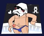  &lt;3 blush body_hair chest_hair clothing erection genitals hot_tub human human_only lego looking_at_viewer male mammal naughtybassard nipples not_furry penis pubes solo star_wars stormtrooper swimwear 