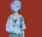  1girl ayanami_rei bandaged_arm bandages blue_hair highres kgeroua neck_ribbon neon_genesis_evangelion red_background red_eyes red_ribbon ribbon school_uniform short_hair simple_background tokyo-3_middle_school_uniform 